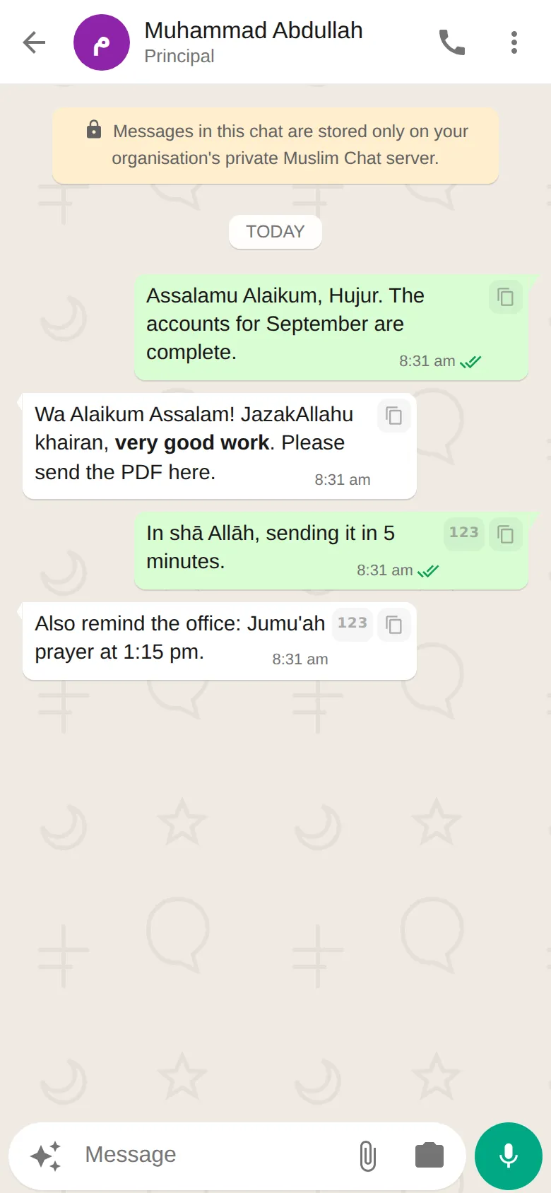 A one-to-one conversation in Muslim Chat with read ticks and a reply