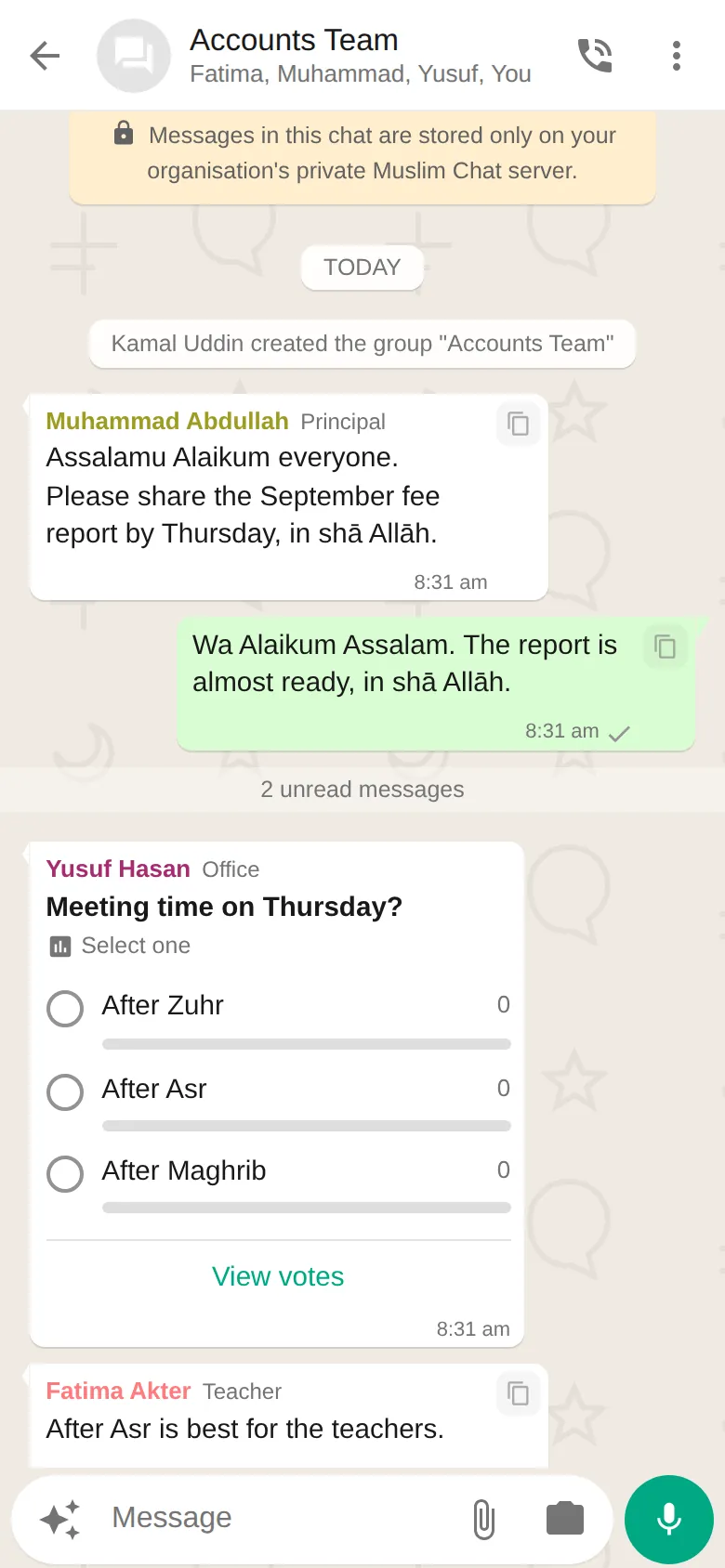 A Muslim Chat group with a poll