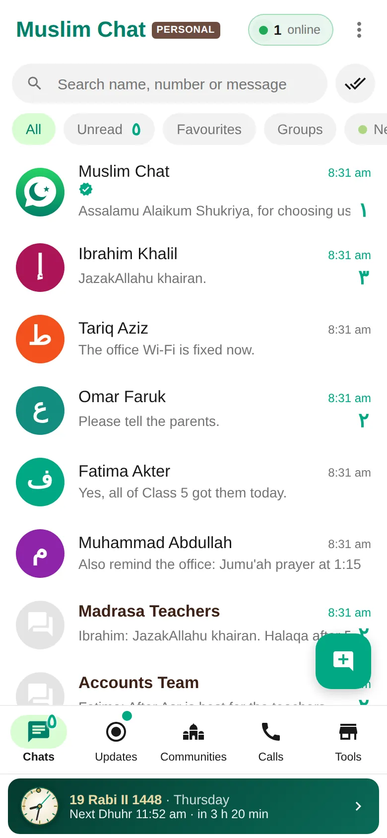 Muslim Chat chat list with Arabic picture letters and the prayer bar