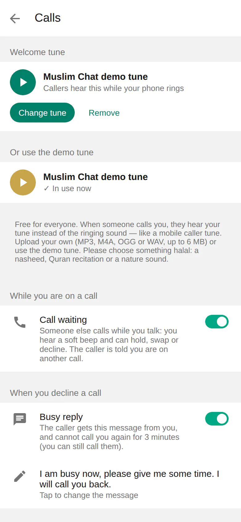 Calls settings: welcome tune, call waiting and busy reply