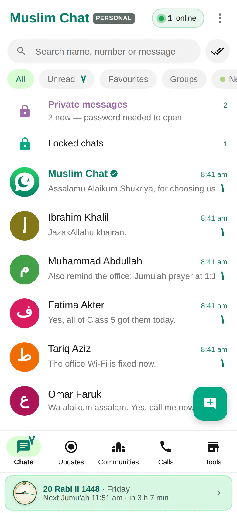 Locked chats row at the top of the chat list