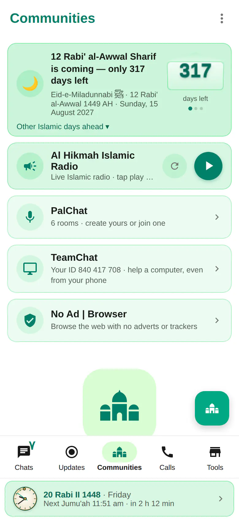 The Communities tab with Islamic radio, PalChat, TeamChat and No Ad | Browser