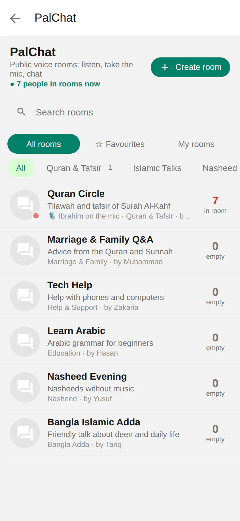 The PalChat lobby with live rooms by category