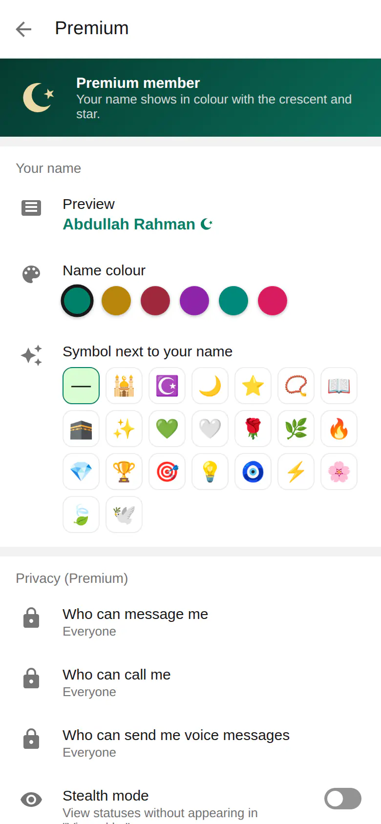 Premium in Muslim Chat: name colour, a symbol next to your name and Premium privacy