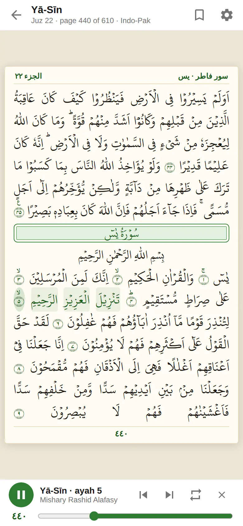 Surah Ya-Sin in the Indo-Pak Mushaf in Muslim Chat with the recited ayah highlighted