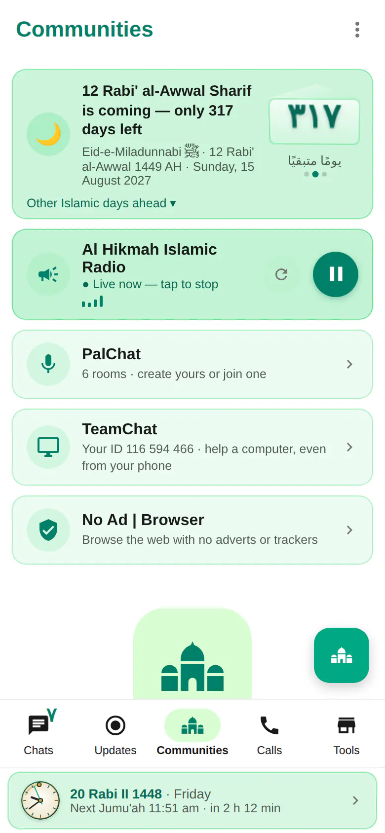 Al Hikmah Islamic Radio playing live in the Communities tab of Muslim Chat